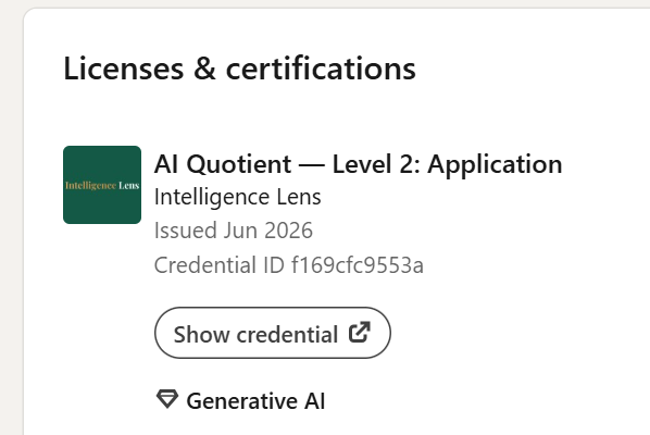 AI Quotient credential shown on a LinkedIn profile under Licenses & certifications